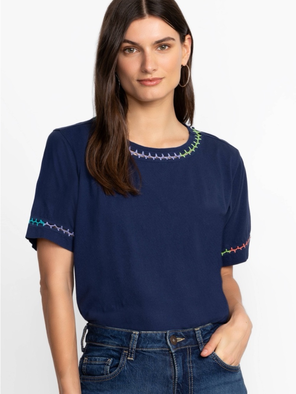 Johnny Was Cotton Navy Short-Sleeve Top with Multicolor Crochet Stitching